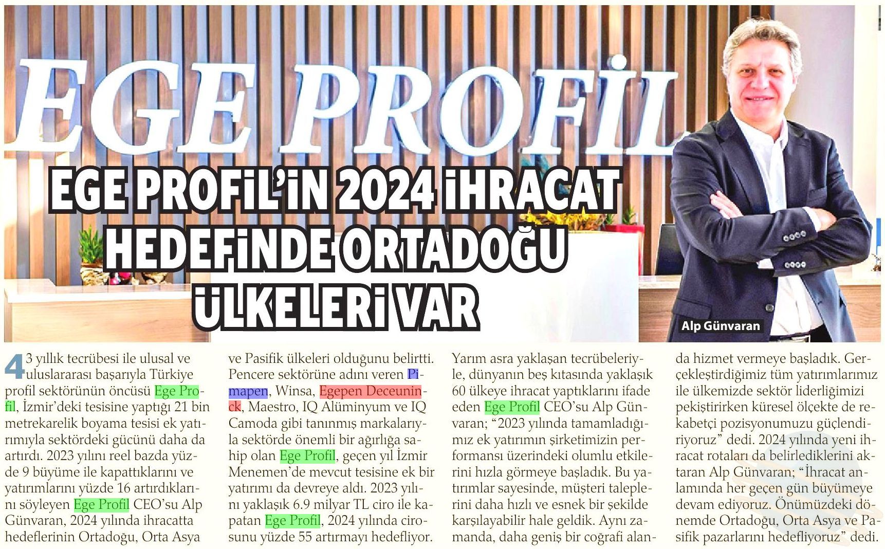 Analiz Gazetesi - Ege Profil’in 2024 ihracat hedefinde Ortadoğu ülkeleri var