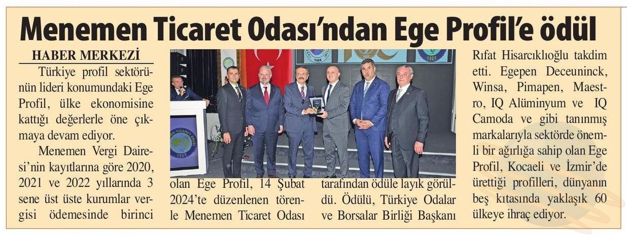 Menemen Ticaret Odası'ndan Ege Profil'e ödül